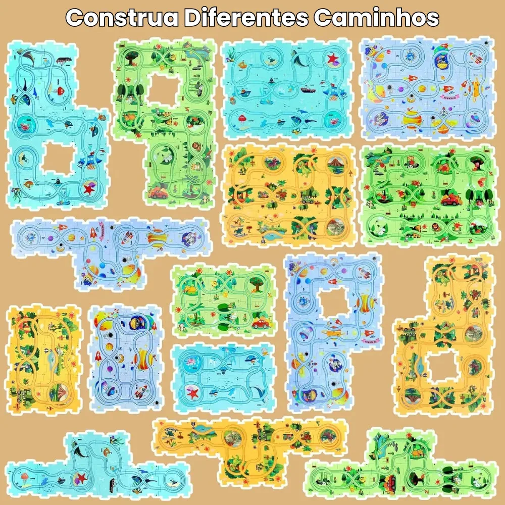 Conjunto de Quebra-cabeça e Brinquedos Educativos com pistas variadas, carrinhos e placas temáticas para explorar criatividade