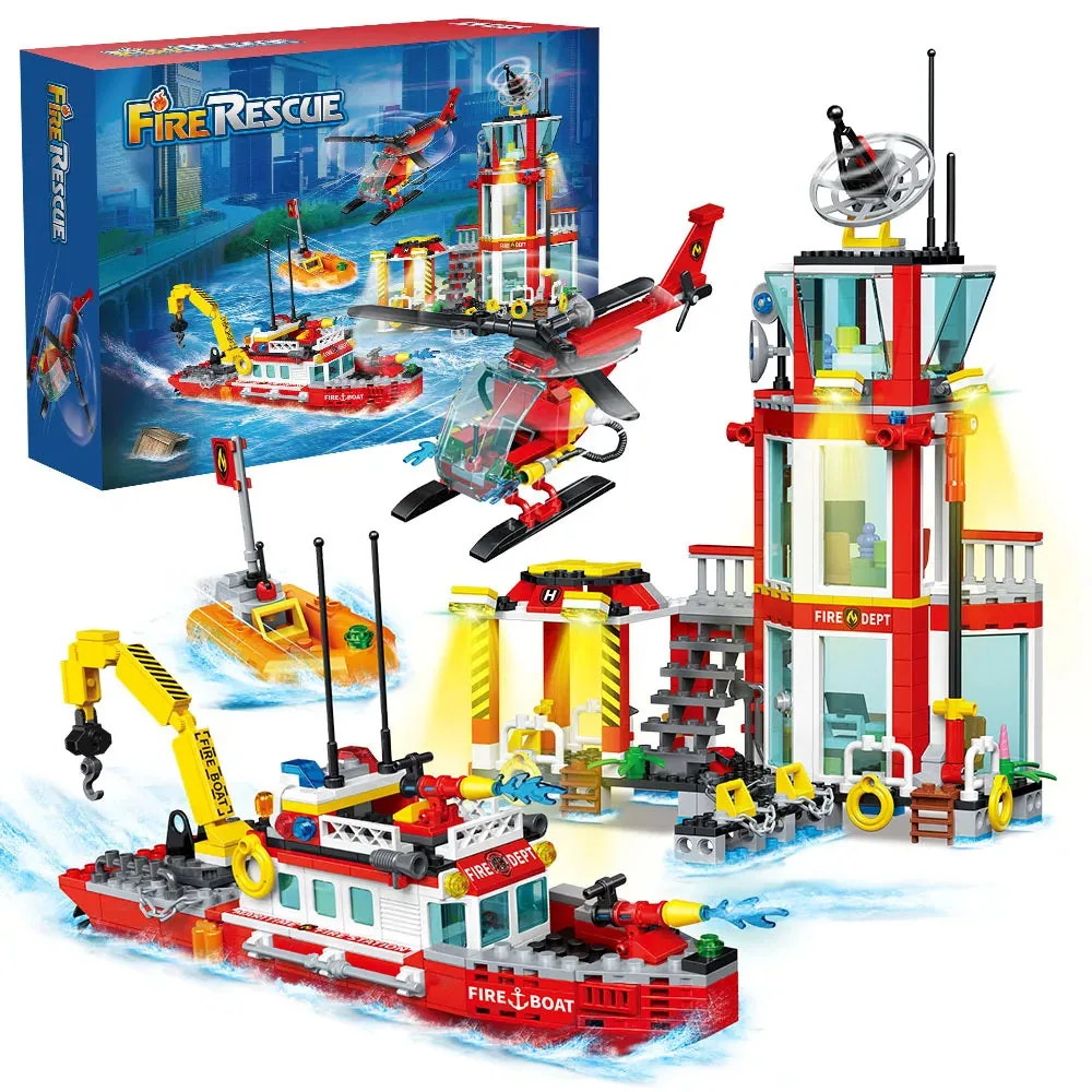 Conjunto completo de Blocos de Montar Bombeiros Resgate com navio, helicóptero, barco e base dos bombeiros