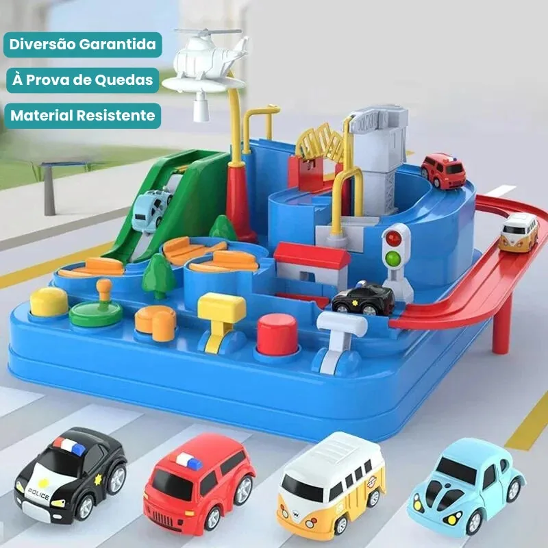Brinquedo Educativo com pistas de carros e quatro carrinhos incluídos para diversão e aprendizado