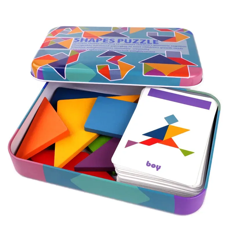 Jogo Tangram Colorido em lata com peças geométricas e cards educativos para crianças