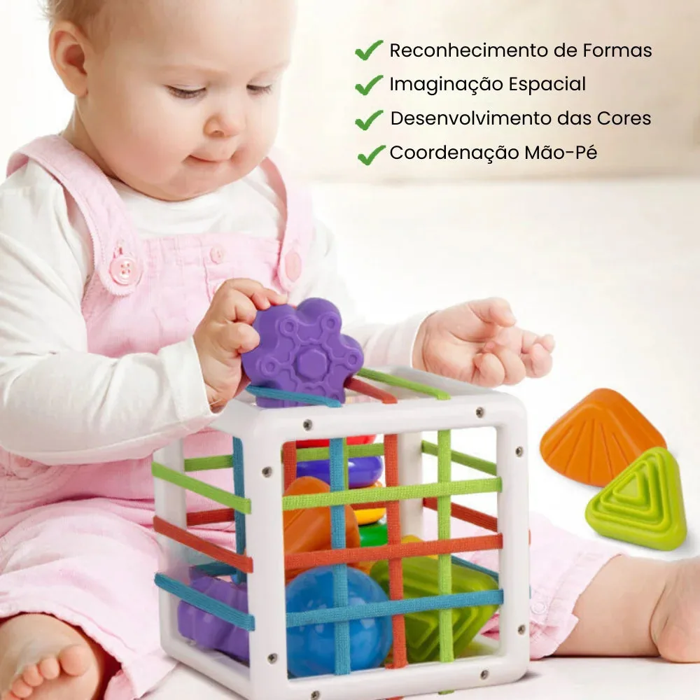 Bebê brincando com Brinquedo Educativo e Brinquedo Sensorial de formas texturizadas