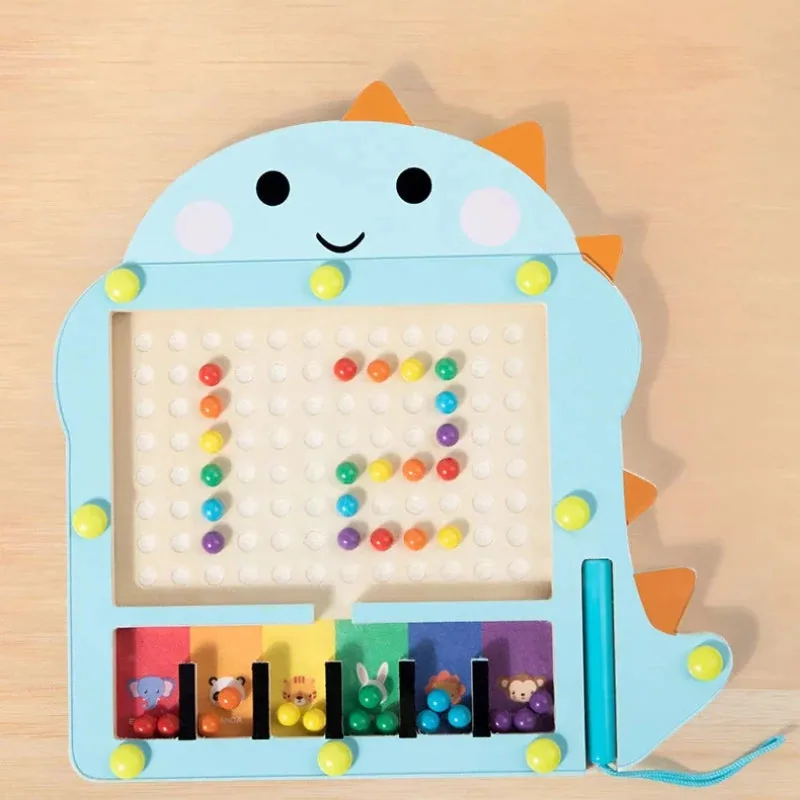 Brinquedo Montessori dinossauro educativo com bolinhas magnéticas organizadas em cores e padrões numéricos