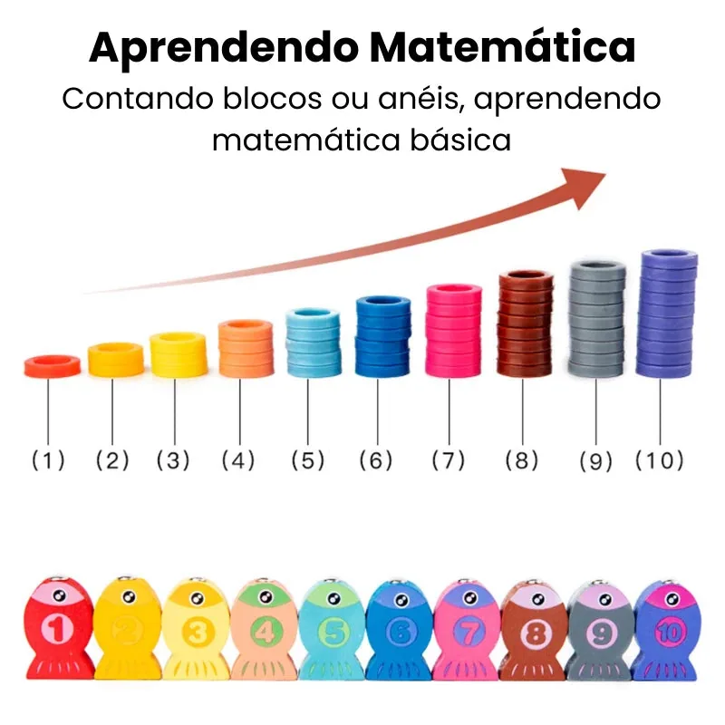 Brinquedo de Madeira com blocos e peixes numerados para estimular o aprendizado de matemática básica