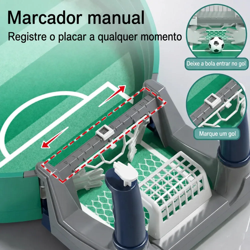 Brinquedo Educativo futebol de mesa portátil com marcador manual e alavancas para treino de coordenação e diversão em família