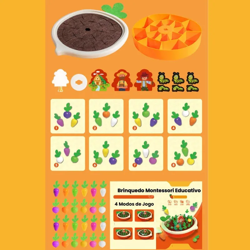 Arindolê Brinquedos Componentes do Brinquedo Montessori Educativo incluindo cenouras, personagens e 4 modos de jogo para aprendizado divertido