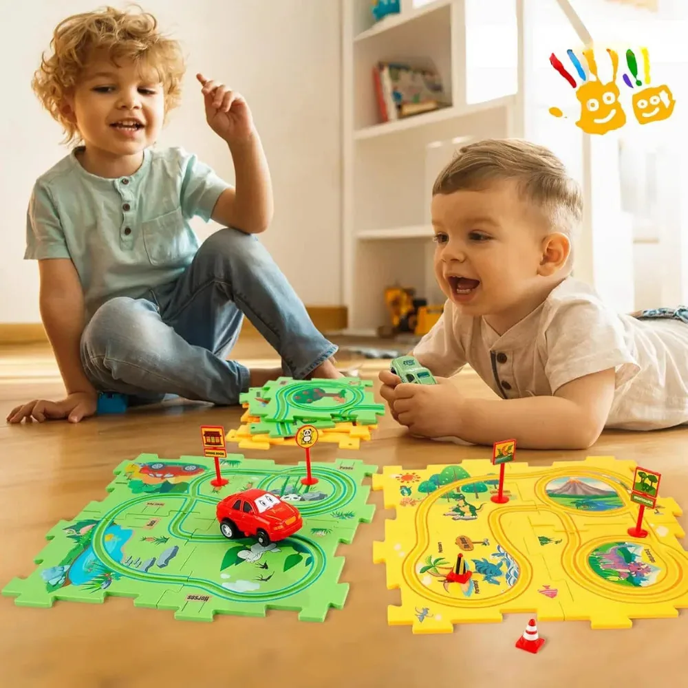 Crianças brincando com Quebra-cabeça Brinquedos Educativos, criando pistas e estimulando criatividade em ambiente lúdico