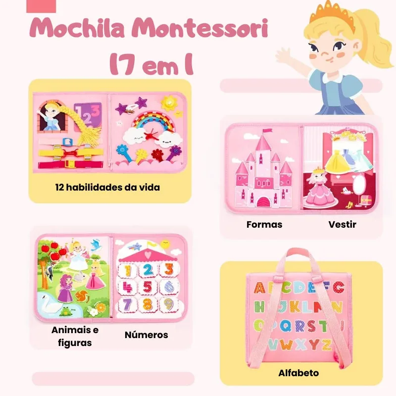Mochila Montessori 17 em 1 com atividades educativas como formas, números e alfabeto, brinquedo educativo sensorial