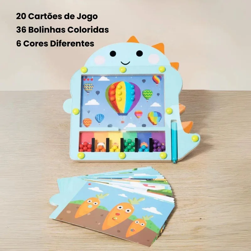 Brinquedo Educativo Montessori com tabuleiro de bolinhas coloridas e cartões de desafio para coordenação motora