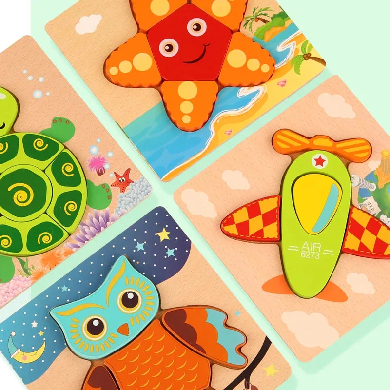 Quatro quebra-cabeças Montessori de madeira com animais e objetos coloridos