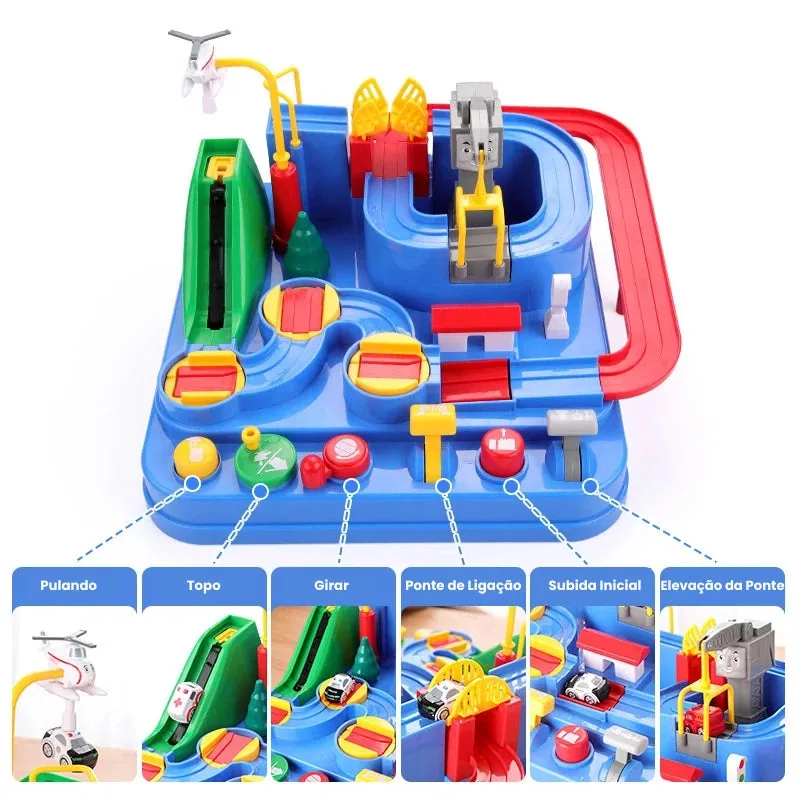 Brinquedo educativo de corrida com detalhes de montagem e funções interativas
